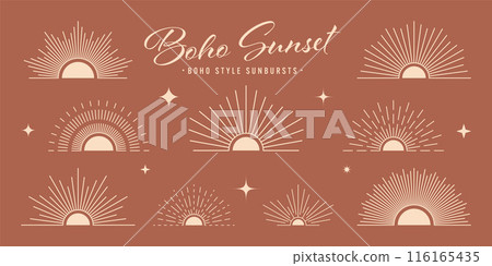 Vintage sunburst, sunset beams, half circle sunrise. Boho style, modern minimalist bohemian design. Hand drawn bursting sun, light rays. Lettering design element in retro style. Vector illustration Vintage sunburst, sunset beams, half circle sunrise. Boho style, modern minimalist bohemian design. Hand drawn bursting sun, light rays. Lettering design element in retro style. Vector illustration 116165435