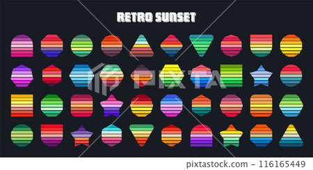 Vintage sunset collection. Various colorful striped sunrise badges in 80s and 90s style. Sun and ocean view, summer vibes, surfing. Design element for print, logo or t-shirt. Vector illustration Vintage sunset collection. Various colorful striped sunrise badges in 80s and 90s style. Sun and ocean view, summer vibes, surfing. Design element for print, logo or t-shirt. Vector illustration 116165449