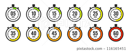 Stopwatch icons. Colorful simple chronometer, time counter with dial. Countdown timer showing hours and minutes. Deadline, measurement for sport. Cooking time label, sticker. Vector illustration Stopwatch icons. Colorful simple chronometer, time counter with dial. Countdown timer showing hours and minutes. Deadline, measurement for sport. Cooking time label, sticker. Vector illustration 116165451