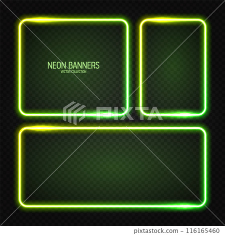 Glowing neon banners, illuminated colorful square frames. Shiny vibrant border, glow effect. Green vintage retro lights, night illumination. Modern futuristic UI design elements. Vector illustration Glowing neon banners, illuminated colorful square frames. Shiny vibrant border, glow effect. Green vintage retro lights, night illumination. Modern futuristic UI design elements. Vector illustration 116165460