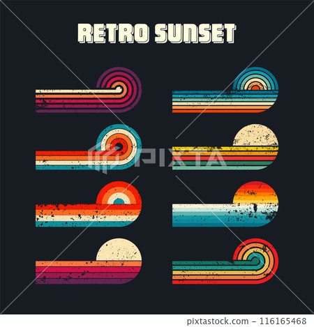 Grunge horizontal vintage sunsets. Various colorful striped sunrise badges in 80s and 90s style. Sun and ocean view, summer vibes, surfing. Design element, print, logo or t-shirt. Vector illustration Grunge horizontal vintage sunsets. Various colorful striped sunrise badges in 80s and 90s style. Sun and ocean view, summer vibes, surfing. Design element, print, logo or t-shirt. Vector illustration 116165468