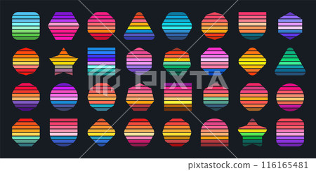 Vintage sunset collection. Various colorful striped sunrise badges in 80s and 90s style. Sun and ocean view, summer vibes, surfing. Design element for print, logo or t-shirt. Vector illustration 116165481