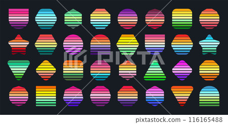 Vintage sunset collection. Various colorful striped sunrise badges in 80s and 90s style. Sun and ocean view, summer vibes, surfing. Design element for print, logo or t-shirt. Vector illustration Vintage sunset collection. Various colorful striped sunrise badges in 80s and 90s style. Sun and ocean view, summer vibes, surfing. Design element for print, logo or t-shirt. Vector illustration 116165488