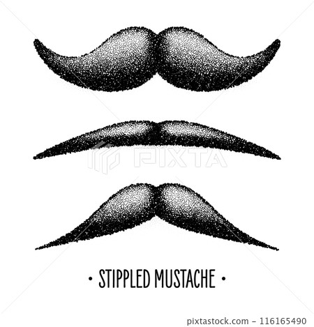 Stippled vintage mustache. Curly facial hair. Hipster beard. Stippling, dot drawing and shading, stipple pattern, halftone effect. Vector illustration Stippled vintage mustache. Curly facial hair. Hipster beard. Stippling, dot drawing and shading, stipple pattern, halftone effect. Vector illustration 116165490