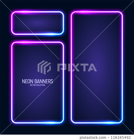 Glowing neon banners, illuminated colorful square frames. Shiny vibrant border, glow effect. Blue vintage retro lights, night illumination. Modern futuristic UI design elements. Vector illustration Glowing neon banners, illuminated colorful square frames. Shiny vibrant border, glow effect. Blue vintage retro lights, night illumination. Modern futuristic UI design elements. Vector illustration 116165492