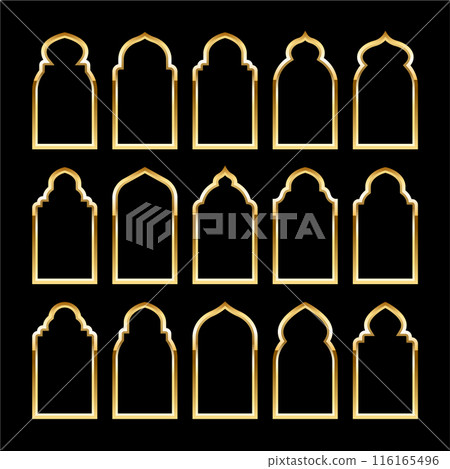 Islamic frames, oriental style. Golden arabic shapes, windows and arches. Traditional ornamental banner, frame. Muslim holidays, Ramadan Kareem. Modern eastern architecture. Vector illustration 116165496