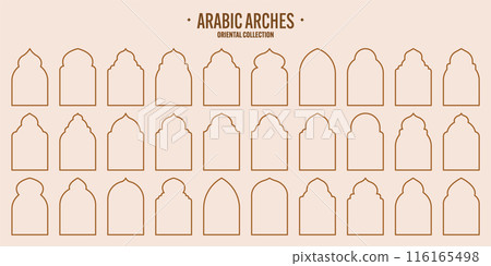 Islamic frames, oriental style objects. Arabic shapes, windows and arches. Traditional ornamental banner, frame. Muslim holidays, Ramadan Kareem. Modern eastern architecture. Vector illustration 116165498