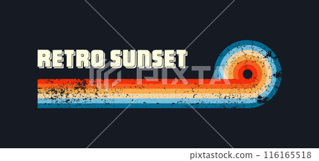 Grunge horizontal vintage sunsets. Various colorful striped sunrise badges in 80s and 90s style. Sun and ocean view, summer vibes, surfing. Design element, print, logo or t-shirt. Vector illustration 116165518