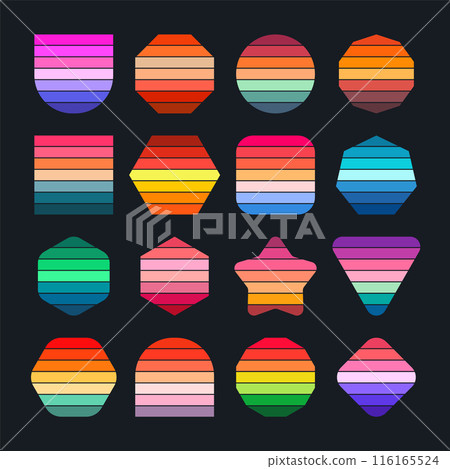 Vintage sunset collection. Various colorful striped sunrise badges in 80s and 90s style. Sun and ocean view, summer vibes, surfing. Design element for print, logo or t-shirt. Vector illustration Vintage sunset collection. Various colorful striped sunrise badges in 80s and 90s style. Sun and ocean view, summer vibes, surfing. Design element for print, logo or t-shirt. Vector illustration 116165524