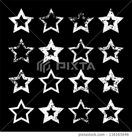 Vintage stars with cracks and stains. Old hand-drawn sign, white simple shape. Retro design element with distressed effect, grunge texture. Vector illustration 116165646