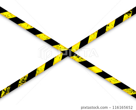 Old grunge barricade construction tape. Yellow police warning line, brightly colored danger or hazard stripe, ribbon. Restricted area, zone. Attention symbol. Vector illustration 116165652