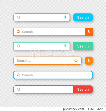 Colorful search bar templates. Internet browser engine with search box, address bar and text field. UI design, website interface element with web icons and push button. Vector illustration 116165654