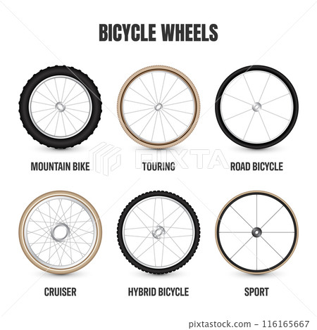 Realistic 3d bicycle wheels. Bike rubber tyres, shiny metal spokes and rims. Fitness cycle, touring, sport, road and mountain bike. Vector illustration 116165667