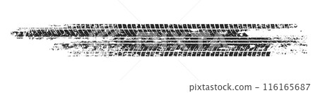 Grunge tire track, wheel braking marks. Truck, car or motorcycle tread pattern silhouette. Auto race, motorsport, speed racing design element. Vector illustration 116165687