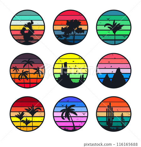 Grunge vintage sunset collection. Colorful striped sunrise badges in 80s and 90s style. Sun and ocean view, summer vibes, surfing. Design element for print, logo or t-shirt. Vector illustration Grunge vintage sunset collection. Colorful striped sunrise badges in 80s and 90s style. Sun and ocean view, summer vibes, surfing. Design element for print, logo or t-shirt. Vector illustration 116165688