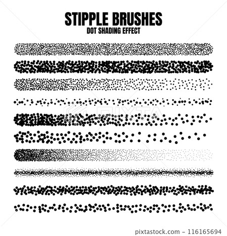 Stipple scatter brush, ink drawing and texturing. Fading gradient. Stippling, dotwork drawing, shading using dots. Halftone disintegration effect. White noise grainy texture. Vector illustration 116165694