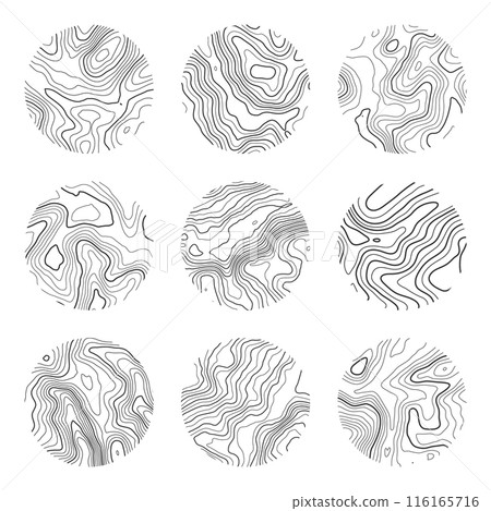 Topographic map with contour lines. Geographic terrain grid, relief height elevation. Ground path pattern. Travel and navigation, cartography design element. Vector illustration 116165716