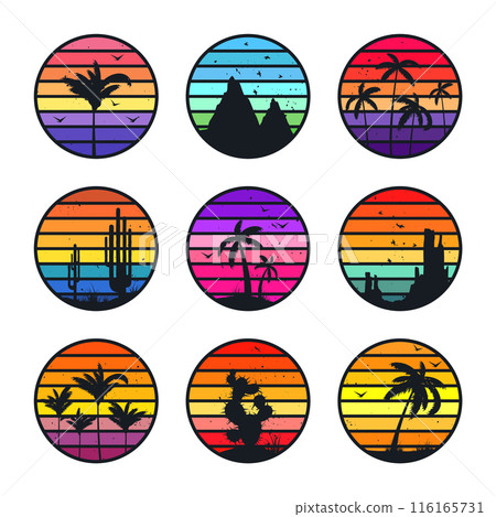 Grunge vintage sunset collection. Colorful striped sunrise badges in 80s and 90s style. Sun and ocean view, summer vibes, surfing. Design element for print, logo or t-shirt. Vector illustration Grunge vintage sunset collection. Colorful striped sunrise badges in 80s and 90s style. Sun and ocean view, summer vibes, surfing. Design element for print, logo or t-shirt. Vector illustration 116165731