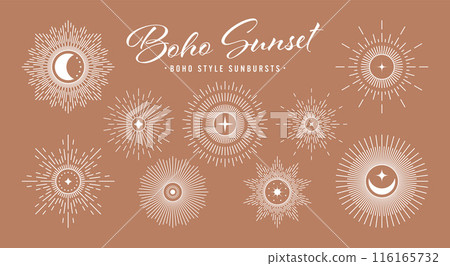 Vintage sunburst, sunset beams collection. Boho style, modern minimalist bohemian design. Hand drawn bursting sun, light rays. Logotype or lettering design element in retro style. Vector illustration 116165732