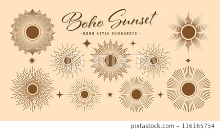 Vintage sunburst, sunset beams collection. Boho style, modern minimalist bohemian design. Hand drawn bursting sun, light rays. Logotype or lettering design element in retro style. Vector illustration Vintage sunburst, sunset beams collection. Boho style, modern minimalist bohemian design. Hand drawn bursting sun, light rays. Logotype or lettering design element in retro style. Vector illustration 116165734