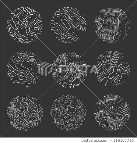 Topographic map with contour lines. Geographic terrain grid, relief height elevation. Ground path pattern. Travel and navigation, cartography design element. Vector illustration 116165736