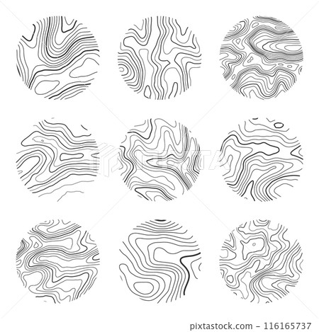 Topographic map with contour lines. Geographic terrain grid, relief height elevation. Ground path pattern. Travel and navigation, cartography design element. Vector illustration Topographic map with contour lines. Geographic terrain grid, relief height elevation. Ground path pattern. Travel and navigation, cartography design element. Vector illustration 116165737