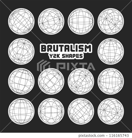 Wireframe shapes, lined sphere. Perspective mesh, 3d grid. Modern trendy low poly geometric elements. Retro futuristic design elements, y2k, vaporwave and synthwave style. Vector illustration Wireframe shapes, lined sphere. Perspective mesh, 3d grid. Modern trendy low poly geometric elements. Retro futuristic design elements, y2k, vaporwave and synthwave style. Vector illustration 116165743