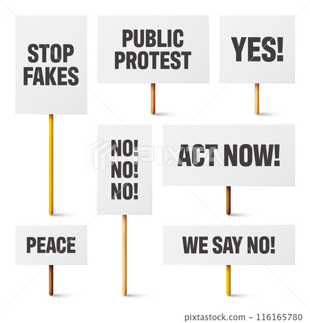 Blank white protest signs with text slogans on wooden holder. Various realistic vector demonstration banners. Strike action cardboard placard mockup. Social advertisement. Vector illustration 116165780