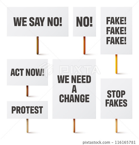Blank white protest signs with text slogans on wooden holder. Various realistic vector demonstration banners. Strike action cardboard placard mockup. Social advertisement. Vector illustration Blank white protest signs with text slogans on wooden holder. Various realistic vector demonstration banners. Strike action cardboard placard mockup. Social advertisement. Vector illustration 116165781