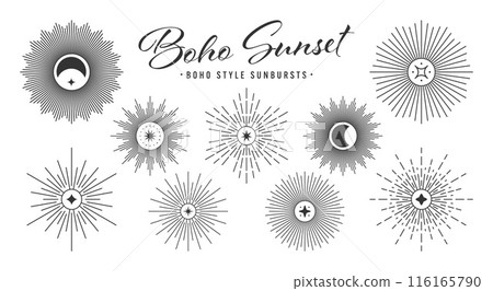 Vintage sunburst, sunset beams collection. Boho style, modern minimalist bohemian design. Hand drawn bursting sun, light rays. Logotype or lettering design element in retro style. Vector illustration 116165790