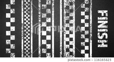 Asphalt road with white start or finish checkered line marking, concrete highway surface, texture. Street traffic lane, road dividing strip. Pattern with grainy structure. Vector illustration 116165823