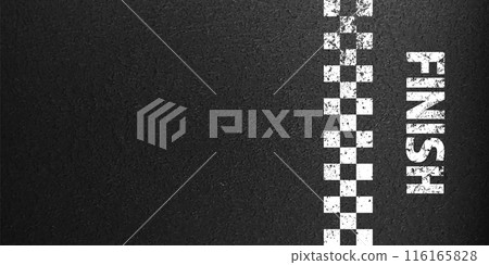 Asphalt road with white finish line marking, concrete highway surface, texture. Street traffic lane, road dividing strip. Pattern with grainy structure, grunge stone background. Vector illustration 116165828