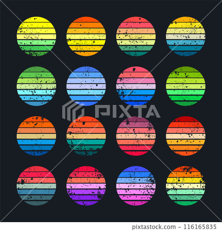 Grunge vintage sunset collection. Colorful striped sunrise badges in 80s and 90s style. Sun and ocean view, summer vibes, surfing. Design element for print, logo or t-shirt. Vector illustration 116165835