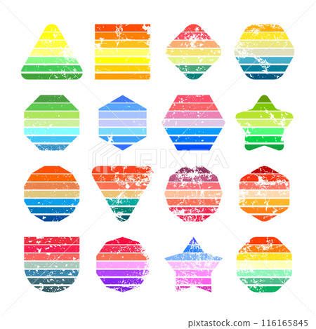 Grunge vintage sunset collection. Various colorful striped sunrise badges in 80s and 90s style. Sun and ocean view, summer vibes, surfing. Design element, print, logo or t-shirt. Vector illustration Grunge vintage sunset collection. Various colorful striped sunrise badges in 80s and 90s style. Sun and ocean view, summer vibes, surfing. Design element, print, logo or t-shirt. Vector illustration 116165845
