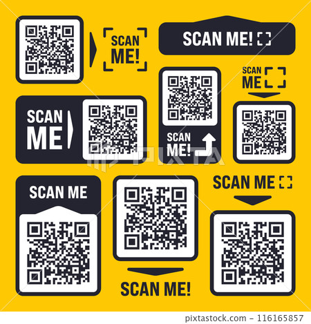 Scan me QR code sticker with text. Online payment. Special offer sale stickers, shopping discount label, promotional badge. Product serial number. Supermarket retail price tag. Vector illustration Scan me QR code sticker with text. Online payment. Special offer sale stickers, shopping discount label, promotional badge. Product serial number. Supermarket retail price tag. Vector illustration 116165857