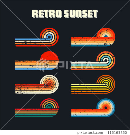 Grunge horizontal vintage sunsets. Various colorful striped sunrise badges in 80s and 90s style. Sun and ocean view, summer vibes, surfing. Design element, print, logo or t-shirt. Vector illustration 116165860