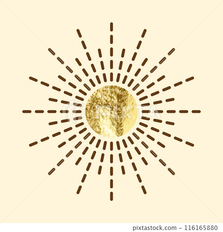 Vintage sunburst, sunset beams. Gold foil, shiny handmade circles. Golden glittering texture, pattern. Hand drawn bursting sun, light rays. Logotype or lettering, retro style. Vector illustration 116165880