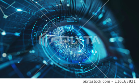 Facial recognition technology, person eye with data of AI biometric system, 3d digital scanning and identification. Concept of person, face, verification, id, deepfake, science Facial recognition technology, person eye with data of AI biometric system, 3d digital scanning and identification. Concept of person, face, verification, id, deepfake, science 116165921