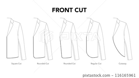 Set of Front Cut Jacket Top details - Square Rounded Cutaway Regular styles technical fashion illustration. Flat apparel 116165961