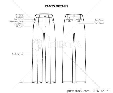 Set of Pants Top details - Pockets, Waistband, Belt Loop, Hem styles technical fashion illustration. Flat apparel 116165962