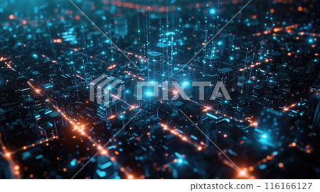 Network in dark smart city, aerial view of modern buildings with communication lines at night, abstract energy lights on cityscape background. Concept of connect, iot, future, technology 116166127
