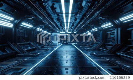 Dark corridor in futuristic spaceship, spacecraft metal interior with low light like in scifi movie. Concept of background, garage, future, space, room, technology 116166229