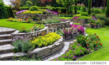 Beautiful terraced home garden and stone retaining walls, design of luxury house back yard or landscaped backyard. Concept of landscaping, flower, nature 116166233