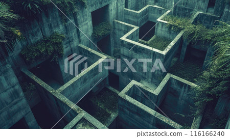 Dark old concrete 3D maze, vintage surreal labyrinth like surreal residential building. Concept of puzzle, problem, uncertainty, illustration, strategy, travel, wall and solution 116166240