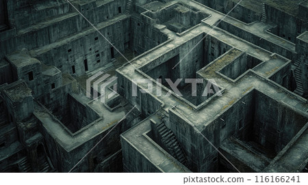 Dark old concrete walls maze, vintage endless labyrinth, grungy grey surreal building. Concept of puzzle, problem, uncertainty, background, illustration, pattern, travel Dark old concrete walls maze, vintage endless labyrinth, grungy grey surreal building. Concept of puzzle, problem, uncertainty, background, illustration, pattern, travel 116166241