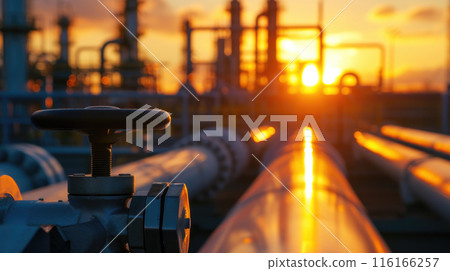 Gas or oil pipes of refinery plant at sunset, scenery of pipeline of petrochemical factory. Perspective view of tube lines, buildings and sun. Concept of industry, power and crude 116166257
