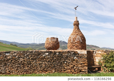 Landscape with a stone wall in Cogny, Beaujolais, France 116166298