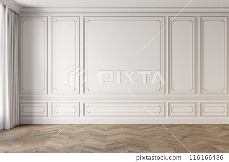 Empty classic white interior with blank wall with moldings and chevron wood floor. 3d render illustration mockup. Empty classic white interior with blank wall with moldings and chevron wood floor. 3d render illustration mockup. 116166486