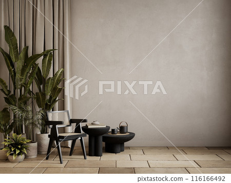 Loft interior with blank wall, black chair, coffee tables, potted tropical plants and decor. 3d render illustration mockup. 116166492