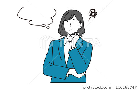 Illustration of a woman in a suit thinking deeply 116166747